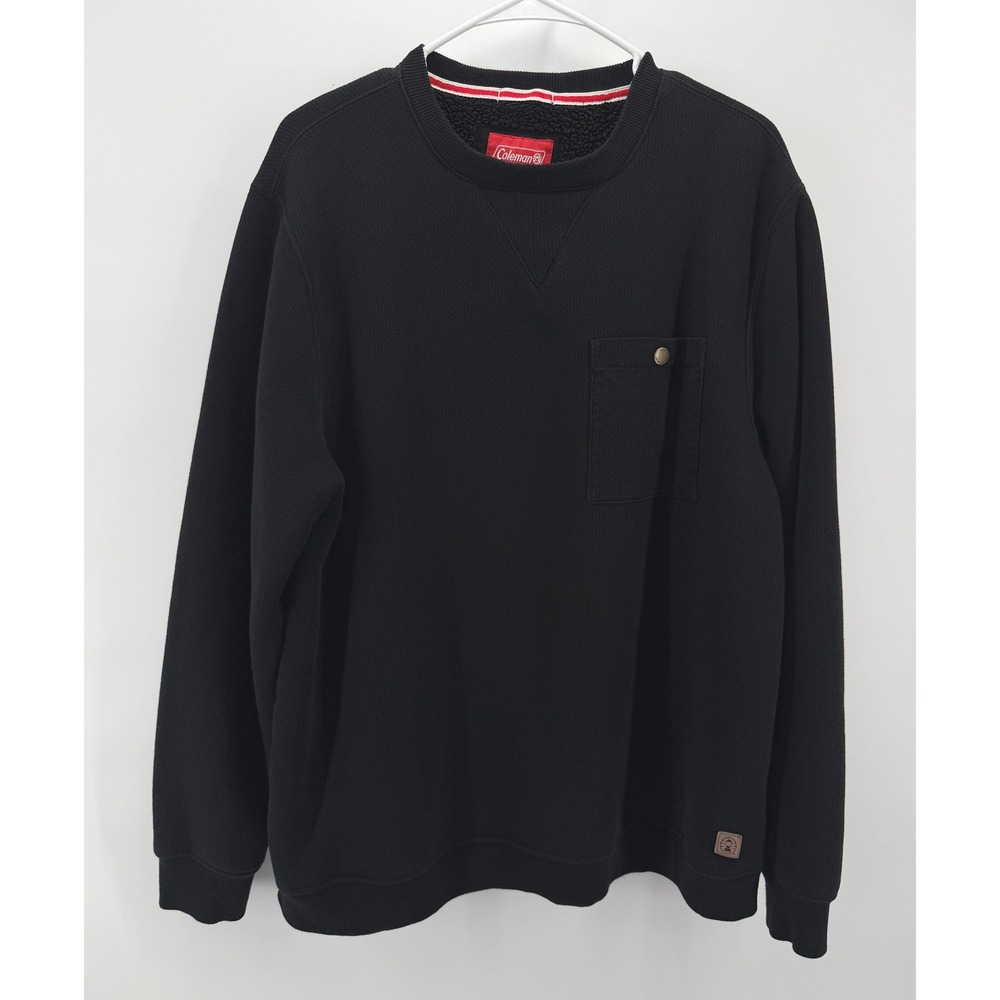 Coleman Sherpa Lined Waffle Knit Sweatshirt Men XL Black Pocket Crew Gorp Camp
